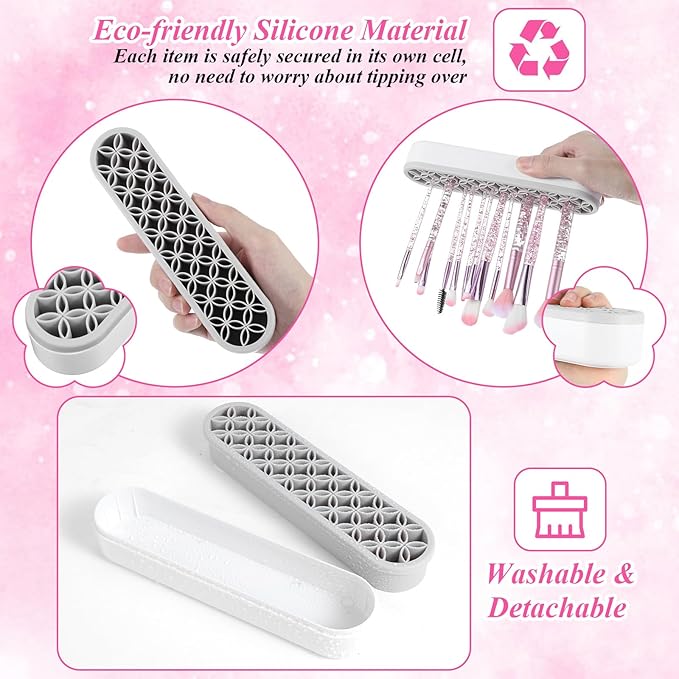 4 Pcs Silicone Makeup Brush Holder Stand, Multi-Purpose Cosmetic Organizer, Desktop Storage Box for Brush, Eyeliner Pencil, Art Supplies, Painting Pen, Sewing Tools, Grey