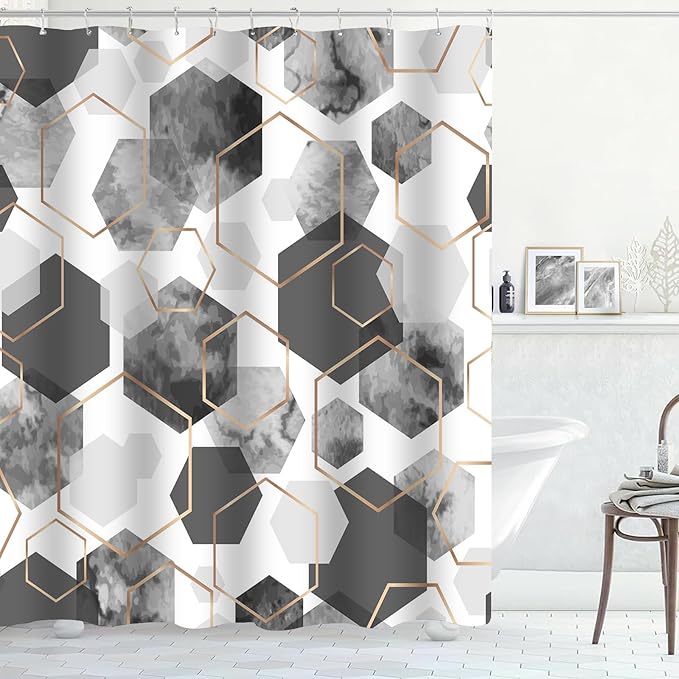 Muuyi 4Pcs Gray White Geometric Shower Curtain Set, Neutral Modern Art Deco Shower Curtain with Hooks, Elegant Trendy Simple Bathroom Sets with Shower Curtain and Rugs, 71 * 71in