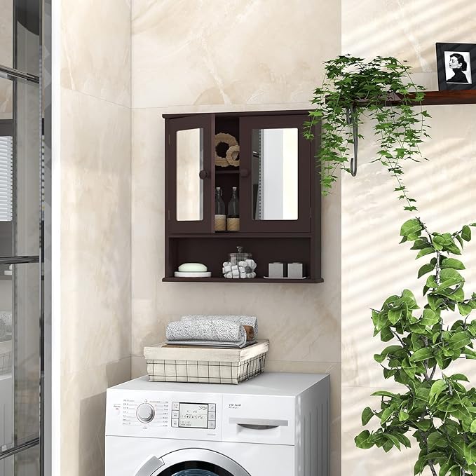 TaoHFE Brown Medicine Cabinet with Mirror - 2 Doors, 3 Open Shelves, Wall Mounted Wooden Storage Cabinet for Bathroom, Laundry Room, Kitchen