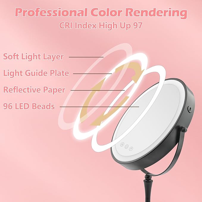 10" Large Lighted Makeup Mirror - Double Sided Vanity Mirror with 1X/10X Magnification & 3 Color LED Dimmable Lights