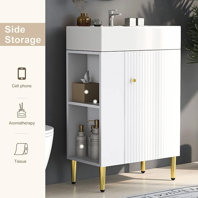 Virubi 21.6 in Small Bathroom Vanity with Sink,Doors and Storage Shelves,Wood Modern Single Fluted Bathroom Sink Cabinet Freestanding (White,Left Shelf)