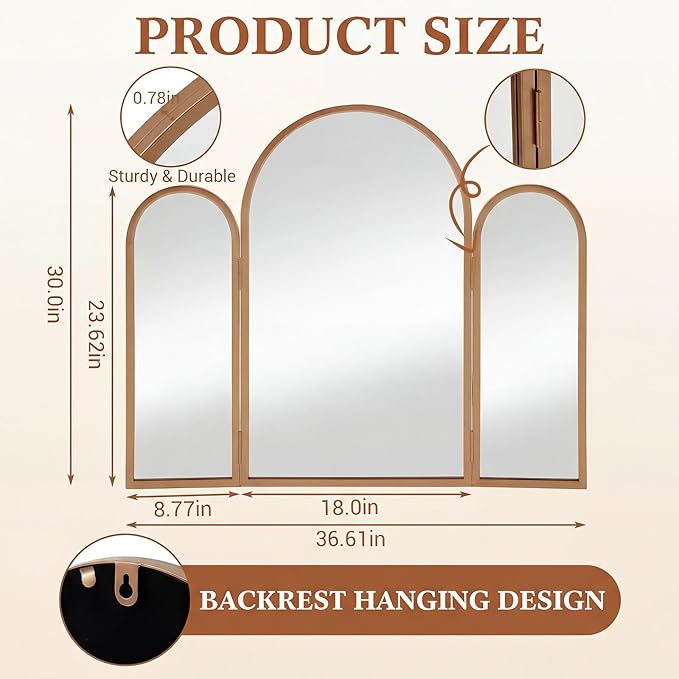 Wonderjune Trifold Vanity Mirrors 3 Way, 30 x 37 in Adjustable Arch Trifold Mirror for Bathroom Bedroom, Decorative Folding 3 Sided Mirror Wall Mounted for Braiding Hair Makeup(Vintage Gold)