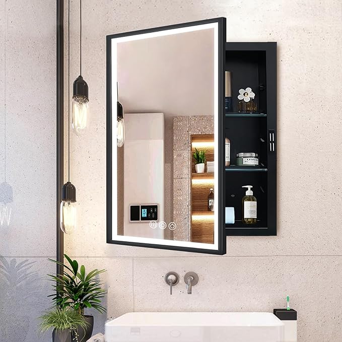 LED Lighted Medicine Cabinet with Mirror, Recessed or Wall Mounted Bathroom Mirror with Storage, Anti-Fog, 3-Color Dimming, Adjustable Shelves, Black Metal Frame - 16x24 inch