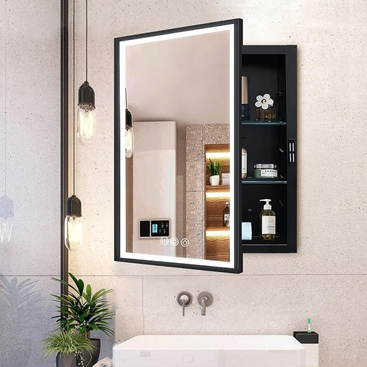 LED Lighted Medicine Cabinet with Mirror, Recessed or Wall Mounted Bathroom Mirror with Storage, Anti-Fog, 3-Color Dimming, Adjustable Shelves, Black Metal Frame - 16x24 inch