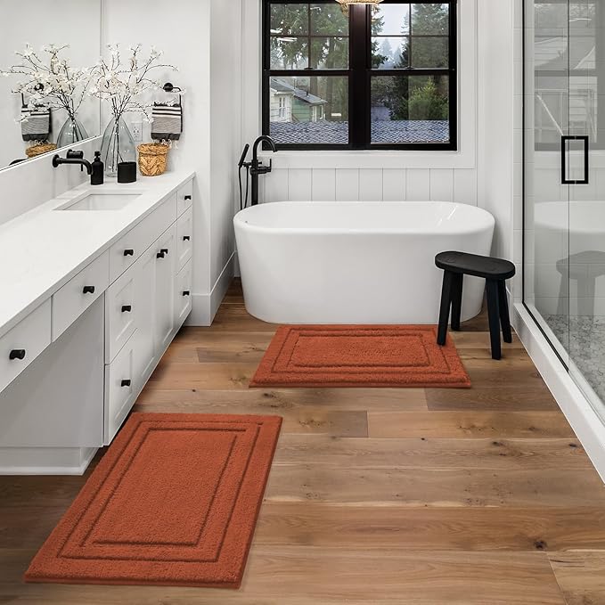 HOMEIDEAS Bathroom Rugs Sets 2 Piece, Super Soft and Absorbent Non Slip Microfiber Machine Washable Bath Mat Set (20" x 32" + 16" x 24", Burnt Orange)