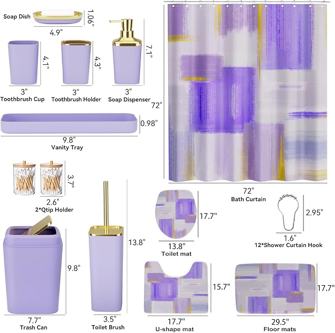 XLHOMO Bathroom Set - Purple and Gold Bathroom Accessories Set, Bathroom Sets with Shower Curtain and Rugs, Purple Shower Curtain Set with Bathroom Trash Can, Soap Dispenser, Soap Dish for Home Decor