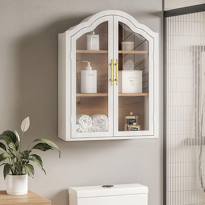 Furnaza White Arched Wall Mounted Cabinet, Display Medicine Cabinets with Tempered Glass Doors and Adjustable Shelf for Bathroom,Kitchen,Living Room