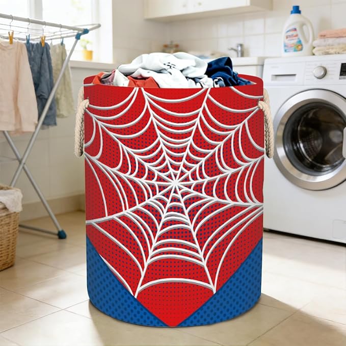 Red Spider Web Laundry Hamper - 58L Collapsible Waterproof Large Tall Nursery Storage Baskets Bin for Kids Toys, Clothes, Bathroom, Boys Bedroom Comic Hero Decor, Gift Basket