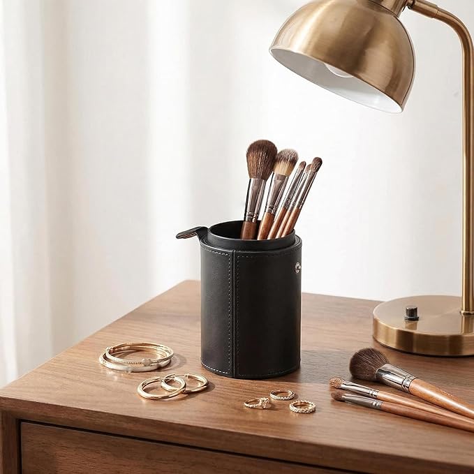 QUUPY Black PU Leather Makeup Brush Holder Organizer with Lid Portable Makeup Tools Large Capacity Case Organizer Cylinder Storage Box Bag(without brush)