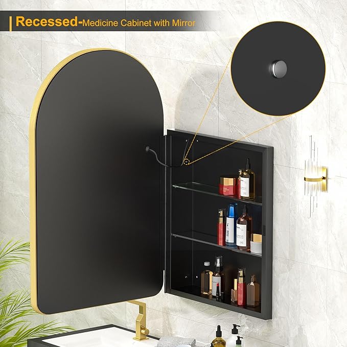 Lighted Arched Medicine Cabinet with LED Mirror - 20x31 Inch Recessed Bathroom Storage, Gold Arched Wall Mounted Mirror Cabinet, Arch Medicine Cabinet with Lights,Anti-Fog