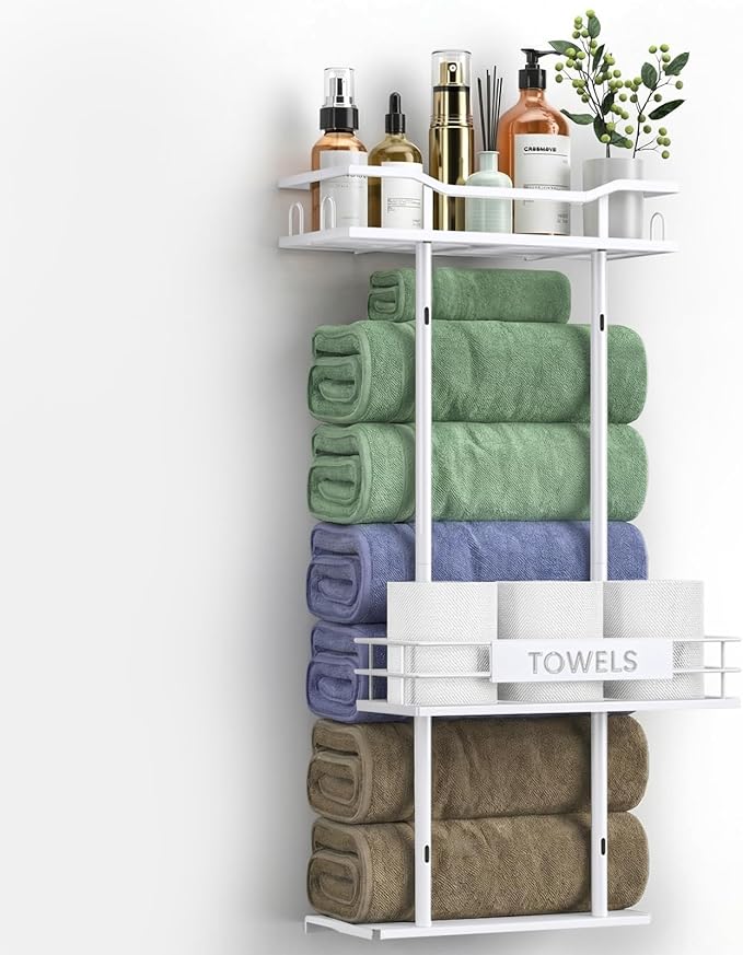 Towel Racks for Bathroom, 30inch Wall Mounted Towel Rack, Towel Storage for Small Bathroom Can Holds 6 Large Towels, Floating Shelf with Adjustable Tissue Basket.(White)