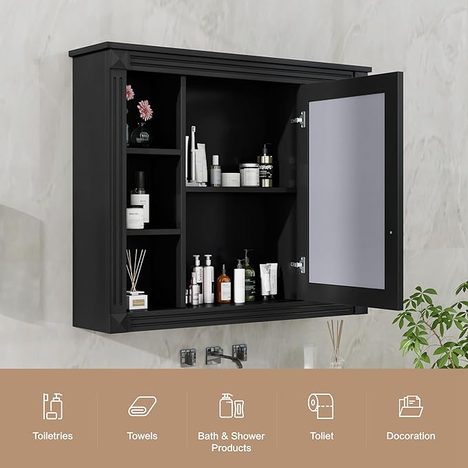 Merax Medicine Cabinet with Mirror, Wall Mount Bathroom Cabinet Over Toilet Storage Cabinet Organizer with Door and Open Shelves, Mirrored Bathroom Wall Cabinet