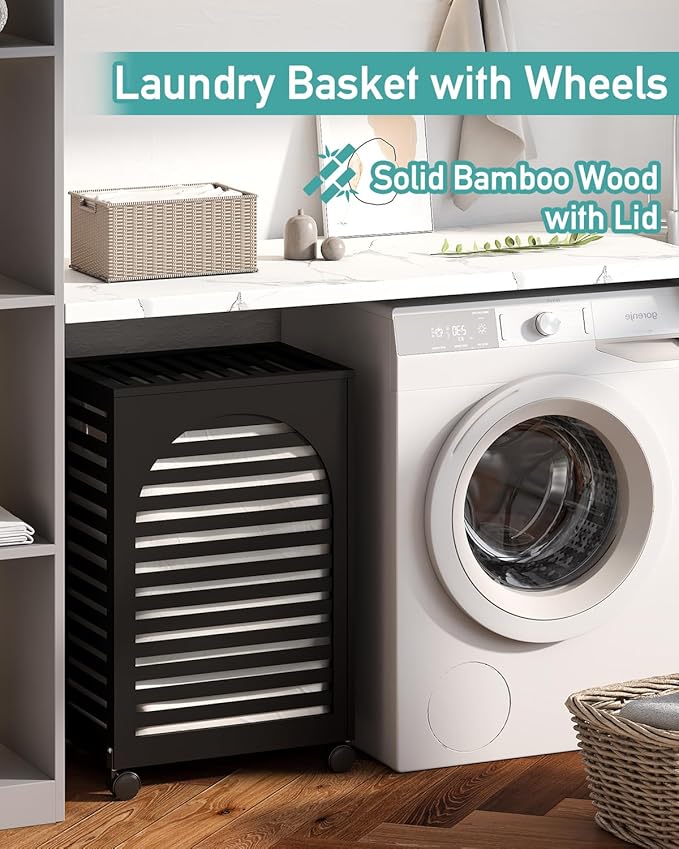 Black Laundry Hamper with Wheels, Laundry Basket with Lid, 22.5 Gallon (85L) Bamboo Wood Clothes Laundry Hamper 2 Section with Handles, Removable Liner
