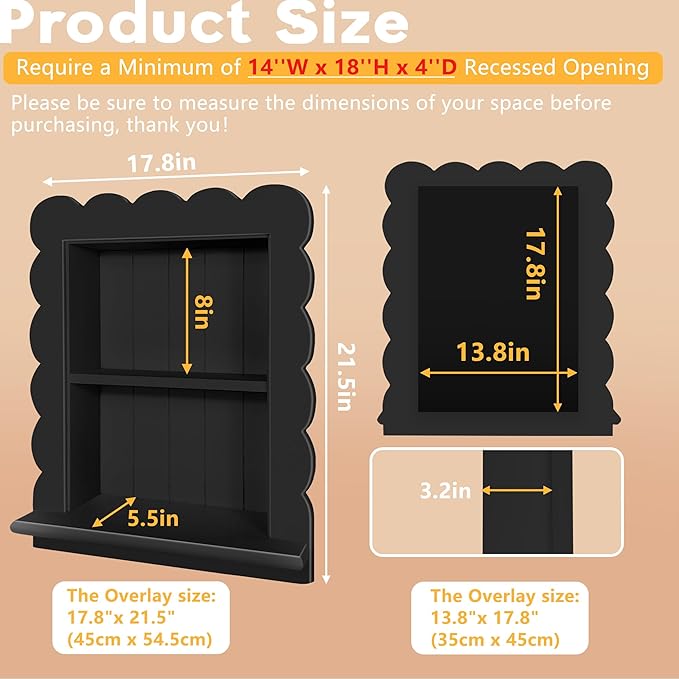 Royxen 14"x18" Recessed Medicine Cabinet, 2-Tier Wooden Bathroom Wall Cabinets Without Mirror,Scalloped Large Medicine Cabinet Niche for Bathroom Storage Organizer (Black, 14 x 18 Inch)