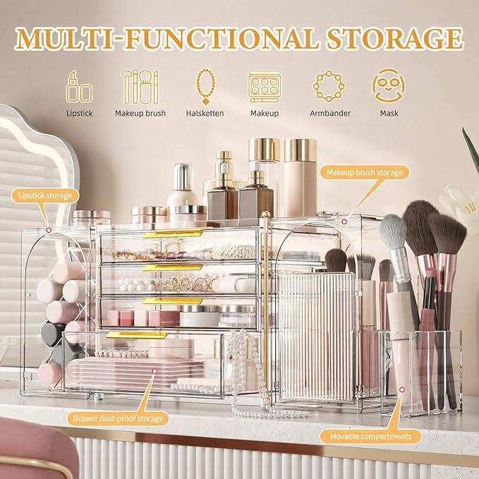 4-Tier Drawer Makeup Organizer, 3-in-1 Free Combination Cosmetic Storage with Lipstick Holder & Brush Rack, Skincare Organizer with Mini Tray for Vanity Bathroom Bedroom Dorm