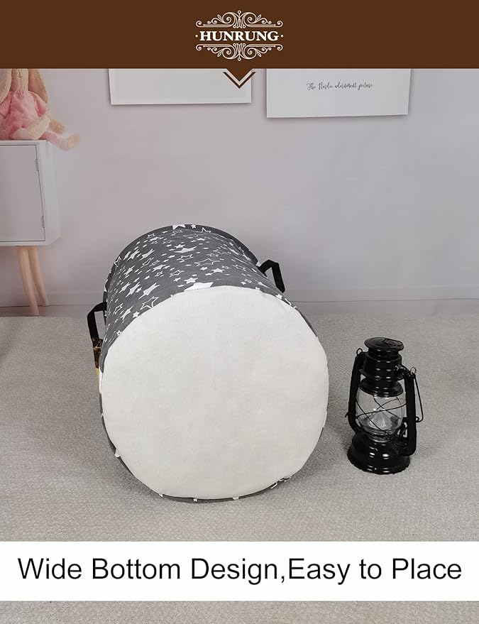 HUNRUNG Laundry Hamper,Large Canvas Fabric Lightweight Storage Basket Toy Organizer Dirty Clothes Collapsible Waterproof for College Dorms, Children Bedroom,Bathroom???Round star???