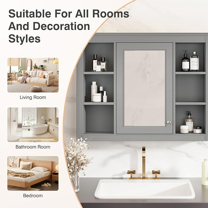 Merax 35''L Bathroom Medicine Storage Cabinet with Mirror Doors, Modern Wall Mount Toilet Organizers with 6 Open Shelves, Grey