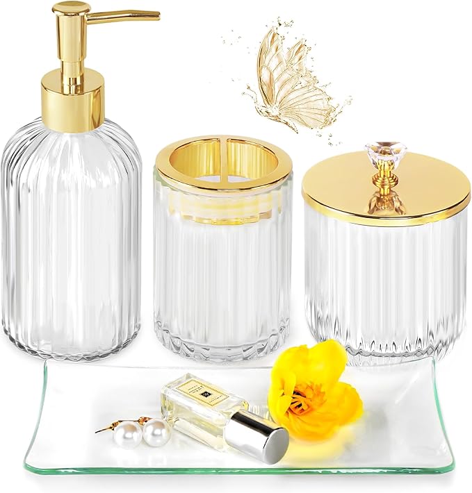 Gold Bathroom Accessories Set, 4Pcs Clear Glass Bathroom Accessory Sets Complete of Soap Dispenser, Toothbrush Holder, Apothecary Jar(Qtip Holder), Vanity Tray, Modern Home Decor Housewarming Gifts