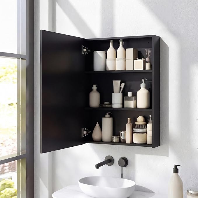 Panana Bathroom Mirror Cabinet Medicine Cabinets with Mirrored Door Wall Mounted Cabinet with Mirror, Storage Shelf with Adjustable Shelves Storage Organizer Kitchen Cupboard (Black, 19.7x27.6 inch)