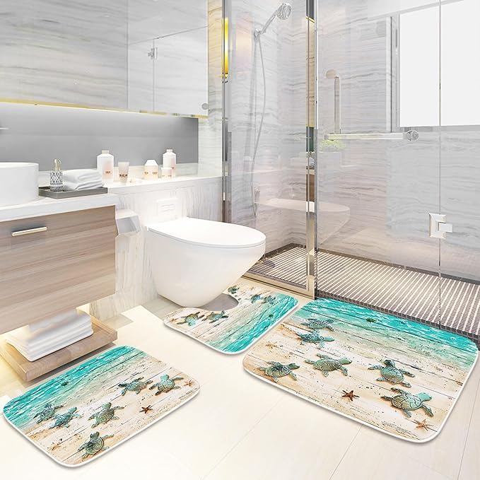 Nautical Tropical Sea Turtle Rustic Wood Plank Beach Bathroom Rugs and Mats Sets 3 Piece, Memory Foam Bath Mat, U-Shaped Contour Shower Mat Non Slip Absorbent, Velvet Washable 20 x 31 inch Green Teal