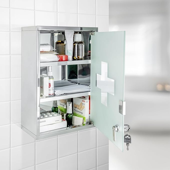 WENKO Medicine Cabinets with Lock, Wall Mounted Over The Toilet Storage Shelves, First Aid Bathroom Wall Cabinet with Safety Glass Door, Medium, 11.8 x 15.7 x 4.7 in, Silver Shiny