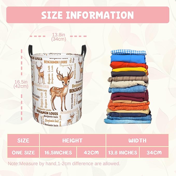 ZOE DAVISON Custom Deer Laundry Baskets, Personalized Deer Gifts with Customized Name, Collapsible Laundry Hamper for Kids Adults Home Decoration,16.5 X 13.8in