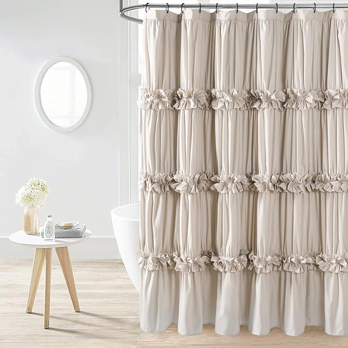 Camel Ruffle Shower Curtain, Vintage Handcrafted Bow Tie Bath Curtain for Master Bathroom, Ruched Microfiber Bathroom Curtain with 12 Buttonholes, 72" W x 84" H (LQ-10)