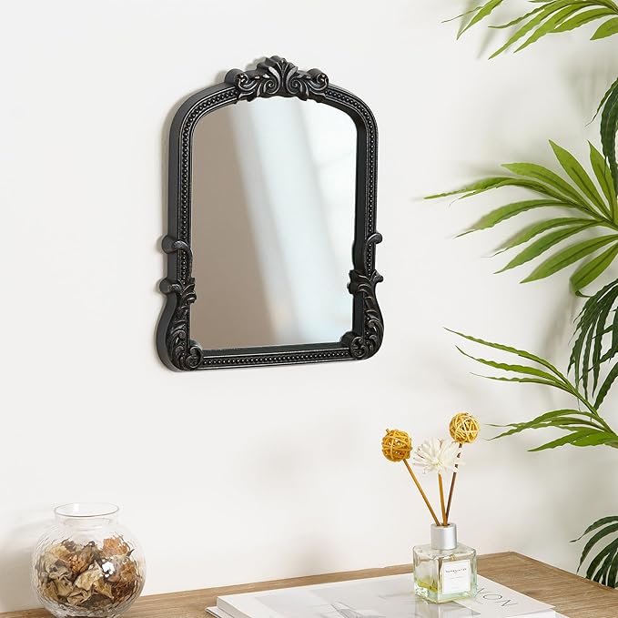 Vintage Small Black Vanity Makeup Mirror Antique Arched Baroque Tabletop Mirror Resin Frame Desktop Standing Mirror for Living Room Bedroom Dresser 9.6x12.3
