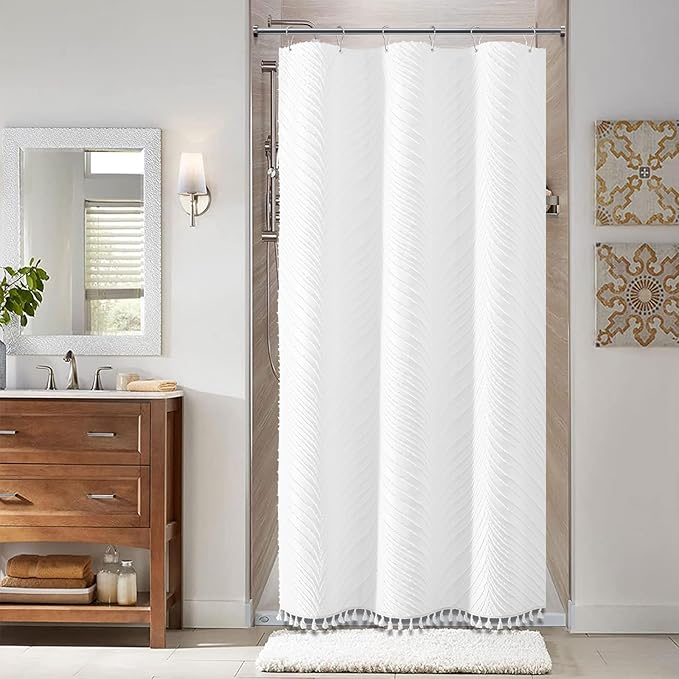 BTTN Stall Boho Shower Curtain - 36x72 Narrow Tufted Leaves Textured Striped Tassel Shower Curtain Set with 6 Hook, Water Repellent, Modern Farmhouse Vintage Fabric Shower Curtains for bathroom, White