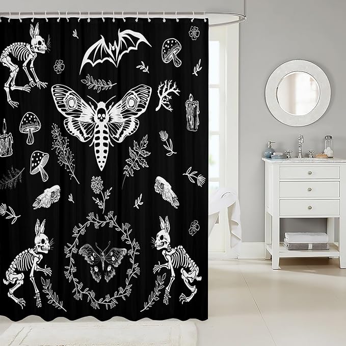 Moth Skull Shower Curtain for Bathtub Boho Personalized Animal Skeleton Btahroom Shower Curtains Halloween Gothic Bones Bath Curtain Mushrooom Rabbit Bathroom Decor Fabric Shower Curtain Set 72"x72"