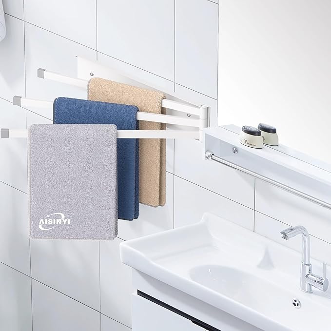 Swivel Towel Rack, 16 inch Extra Long Thickened Stainless Steel 3-Arm Towel Bar, Space Saving Wall Mounted Towel Holder, Rustproof Swing Out Towel Hanger for Bathroom, Kitchen (White)