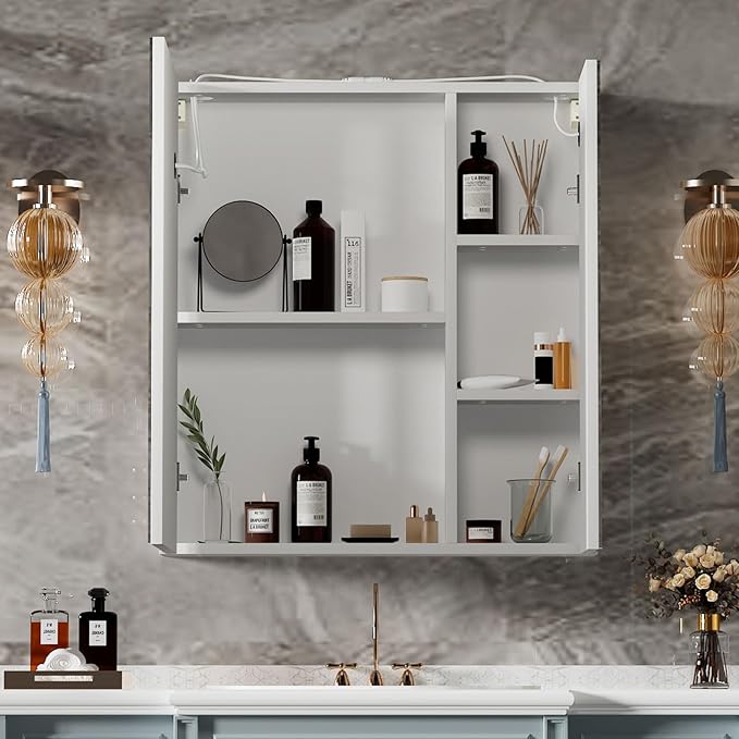 Medicine Cabinet with Lights,Bathroom Medicine Cabinet with Mirror 2 Doors,Lighted Led Mirrored Medicine Cabinets with Defogger,Wall Mounted,24x26 Inch