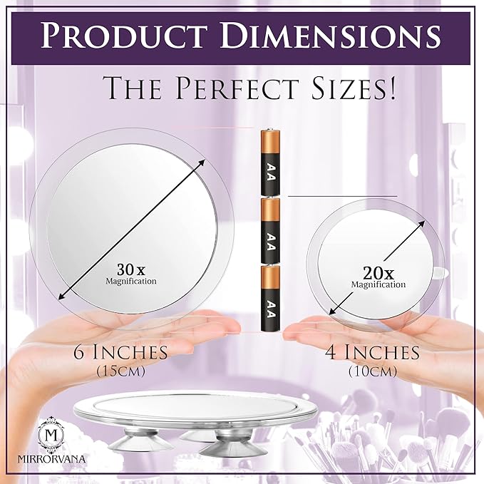 MIRRORVANA Magnifying Mirror Set 30x and 20x - Wall Mounted Makeup Mirror with Suction Cup, Small Magnifying Mirror for Bathroom, 15cm (30 X) and 10cm (20 X)