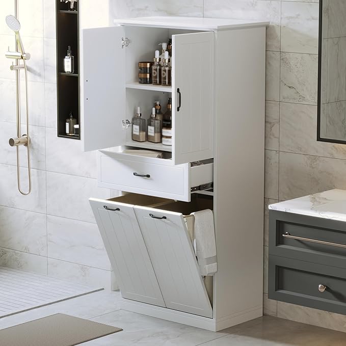 Virubi Tall Bathroom Storage Cabinet with 2 Tilt Out Laundry Hamper, Wood Bathroom Laundry Cabinet with Doors and Drawer for Home, Laundry Baskets, Adjustable Shelves, Freestanding