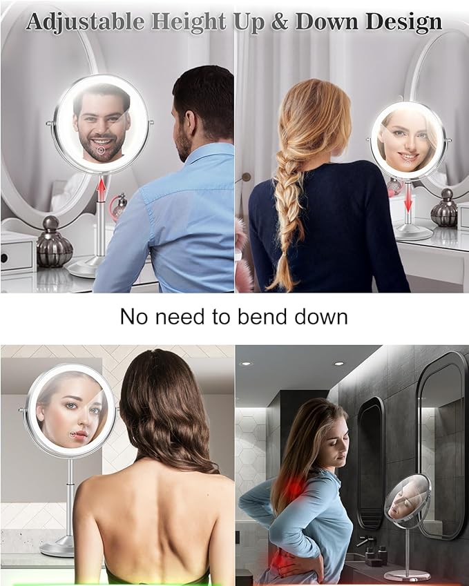 vpu Makeup Mirror with Lights, 1X/30X Lighted Magnifying Mirror Height Adjustable, 3000mAh Rechargeable Double Sided Vanity Mirrors with 3 LED Lighting and Adjustable Brightness for Desk Women Gift
