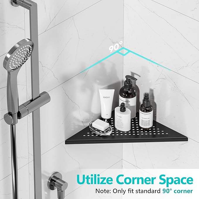 Qeke Bathroom Corner Shelf, Recessed 10" Shower Shelf Caddy, SUS304 Stainless Steel Shelf Wall Mount Triangular, No Drilling, Matte Black