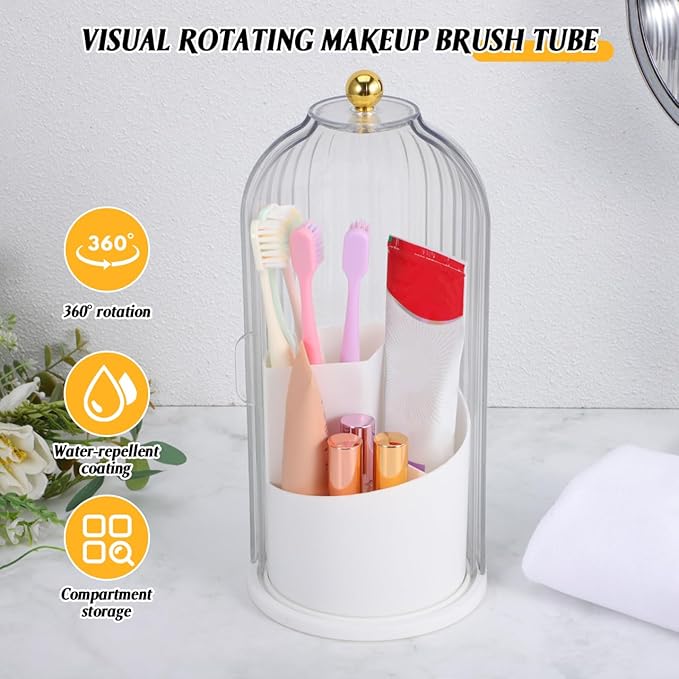 NOLITOY Concealed Toothbrush Holder, Rotating Makeup Brush Organizer with Sliding Lid Dustproof Waterproof Toothpaste Storage for Counter Bathroom (White)