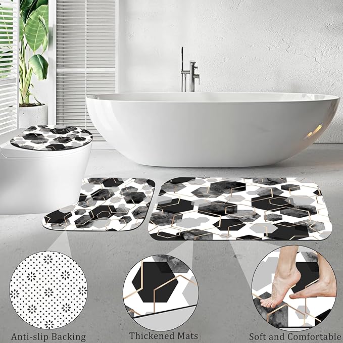 Muuyi 4Pcs Black White Geometric Shower Curtain Set, Neutral Modern Art Deco Shower Curtain with Hooks, Elegant Trendy Simple Bathroom Sets with Shower Curtain and Rugs, 71 * 71in
