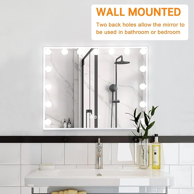 FENCHILIN Vanity Mirror with Lights, 22.8"x 18.1" Hollywood Makeup Mirror with 15 LED Dimmable Bulbs Lighted Vanity Mirror with USB Charging Port 10X Magnification Tabletop for Bedroom