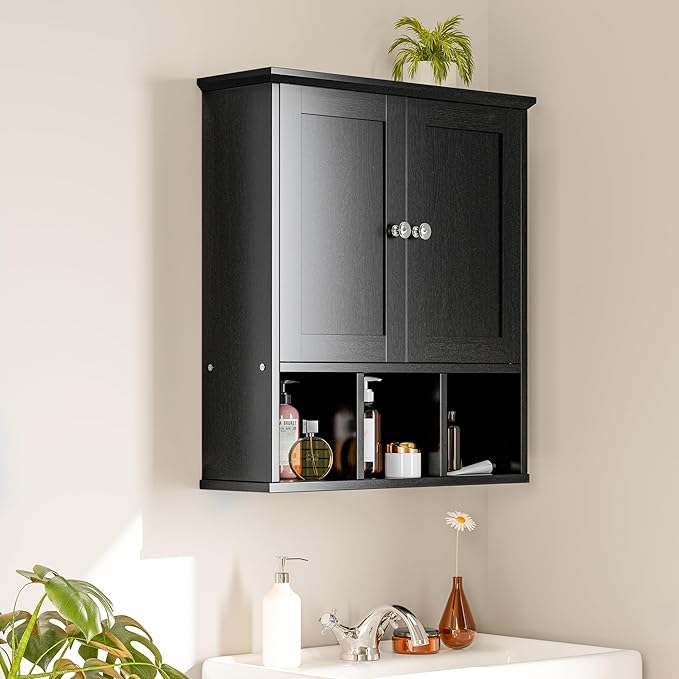 Meilocar Bathroom Wall Cabinet, Bathroom Cabinet Wall Mount with 2 Doors and 3 Open Shelves, Over The Toilet Wood Medicine Cabinets for Laundry Room, Black