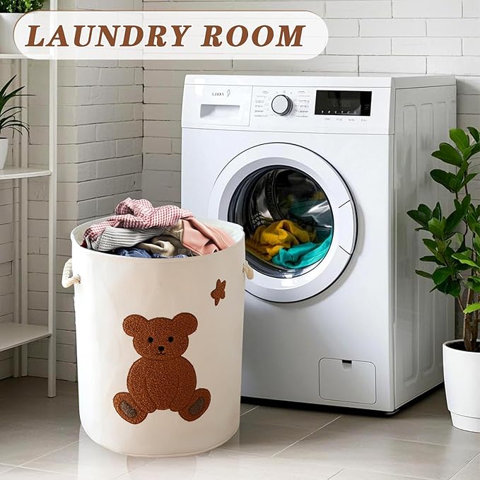 INough Large Laundry Basket Tall Baskets Storage for Dirty Clothes, Toys Storage Bins Baby Hamper 58L Clothes Hamper Blanket Basket Baby Toys Organizer for Nursery Bedroom Living Room Decor, Bear