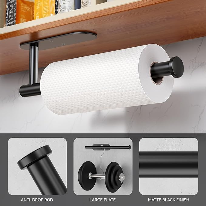 Auxmir Paper Towel Holder Under Cabinet, Self Adhesive Paper Towels Rolls Racks for Kitchen, Wall Mount Thicken Stainless Steel Rustproof, Both Available in Adhesive and Screws for Bathroom RV, Black