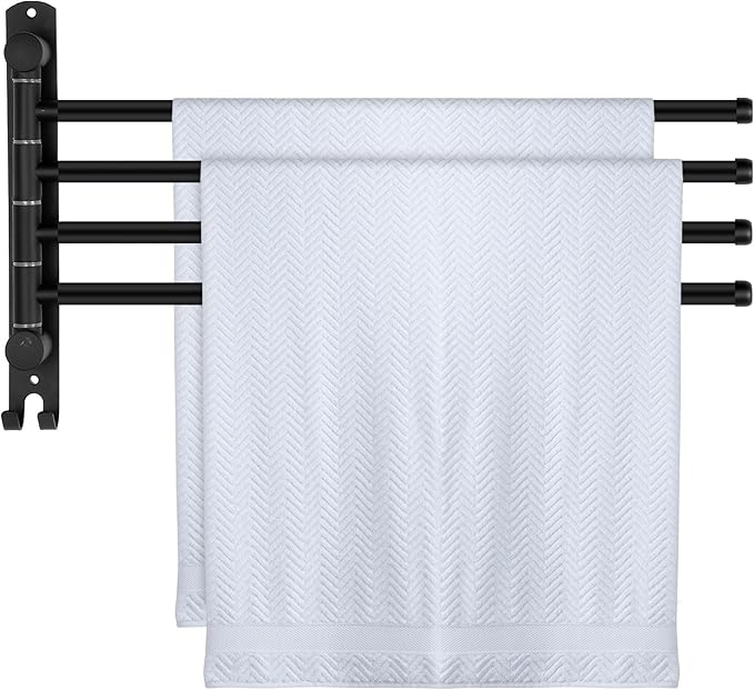 Teenyyou 20.4 Inches Swivel Towel Rack 304 Stainless Steel 4 Arms Bathroom Towel Rack Hanger Pool Holder Wall Mounted Swivel Bar Space Saving with Hook(Black)