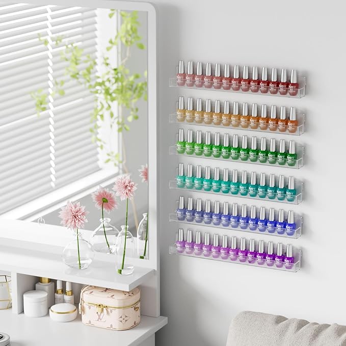 NIUBEE 6 Pack Nail Polish Rack Wall Mounted Shelf with Removable Anti-Slip End Inserts, Clear Acrylic Nail Polish Organizer Display 90 Bottles
