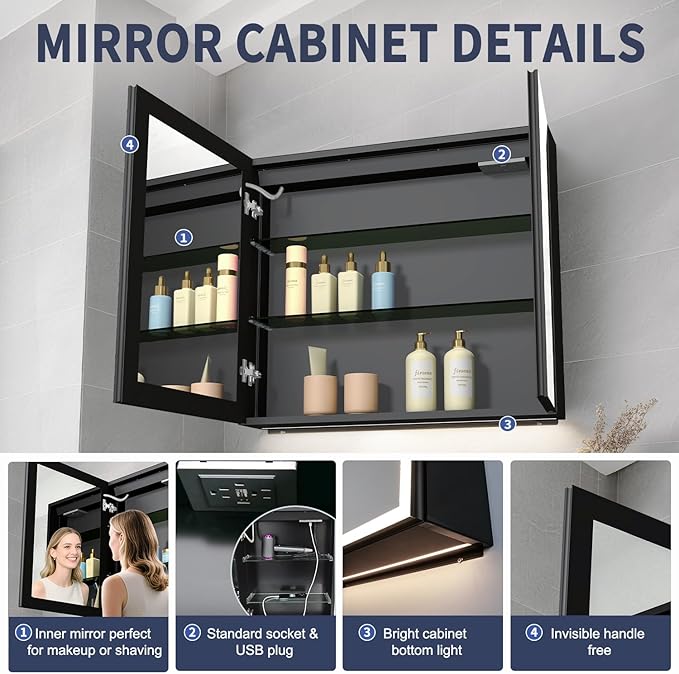 Lighted Medicine Cabinet with Mirror, 30 x 28 inch LED Bathroom Mirror Cabinet with Anti-Fog, Dimmable 3 Colors Front & Bottom Light, Buit-in Sockets & USBs, 2 Shelves, No Assembly Required