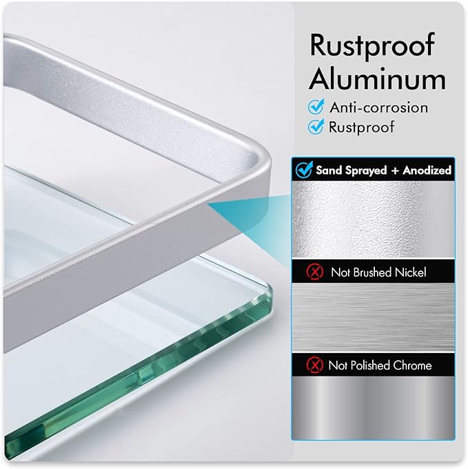 KES Bathroom Tempered Glass Shelf 2 Tier Storage Glass Shelf Rectangular with Bar Wall Mounted Sand Sprayed Anodized Aluminum Finish, A4127B