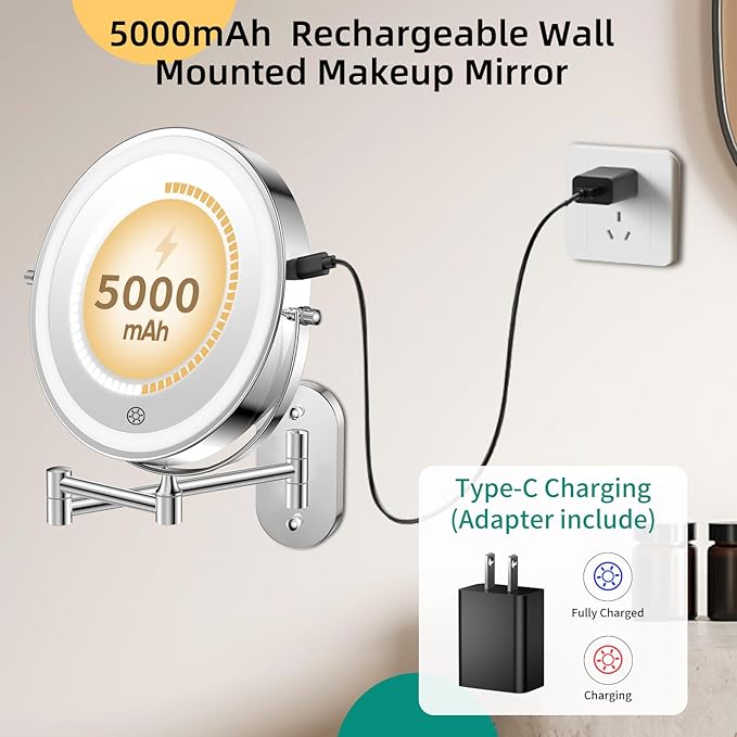 FUNTOUCH 5000mAh Rechargeable Wall Mounted Makeup Mirror with Lights,Double Sided 1X/30X Magnification,3 Color Lights,Touch Dimmable,Extended Arm 360 Rotation Lighted Bathroom Mirror
