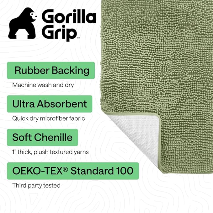GORILLA GRIP Bath Rug Mat 48x24, Soft Absorbent Chenille, Quick Dry Microfiber Mats, Rubber Backing Washable Shower Floor Rugs, Bathmat Runner, US Designed Bathroom Home Decor Accessories Sage Green