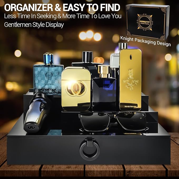 GOH&FTY Cologne Organizer for Men,3 Step Acrylic Waterproof Black Cologne Stand with Drawer and Secret Compartment, Cologne Holder Tray Display Shelf as a Gift for Men in Dresser,Bedroom
