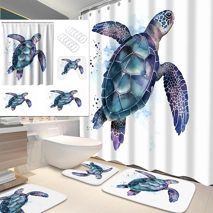 Funny Sea Turtle Ocean Animal Cartoon Bathroom Sets with Shower Curtain and 20 x 31 Rugs Bathroom Accessories Sets Decor with Bath Rug, Bath Mat, U-Shaped Contour and Hooks 72 x 72 Inch Teal Purple